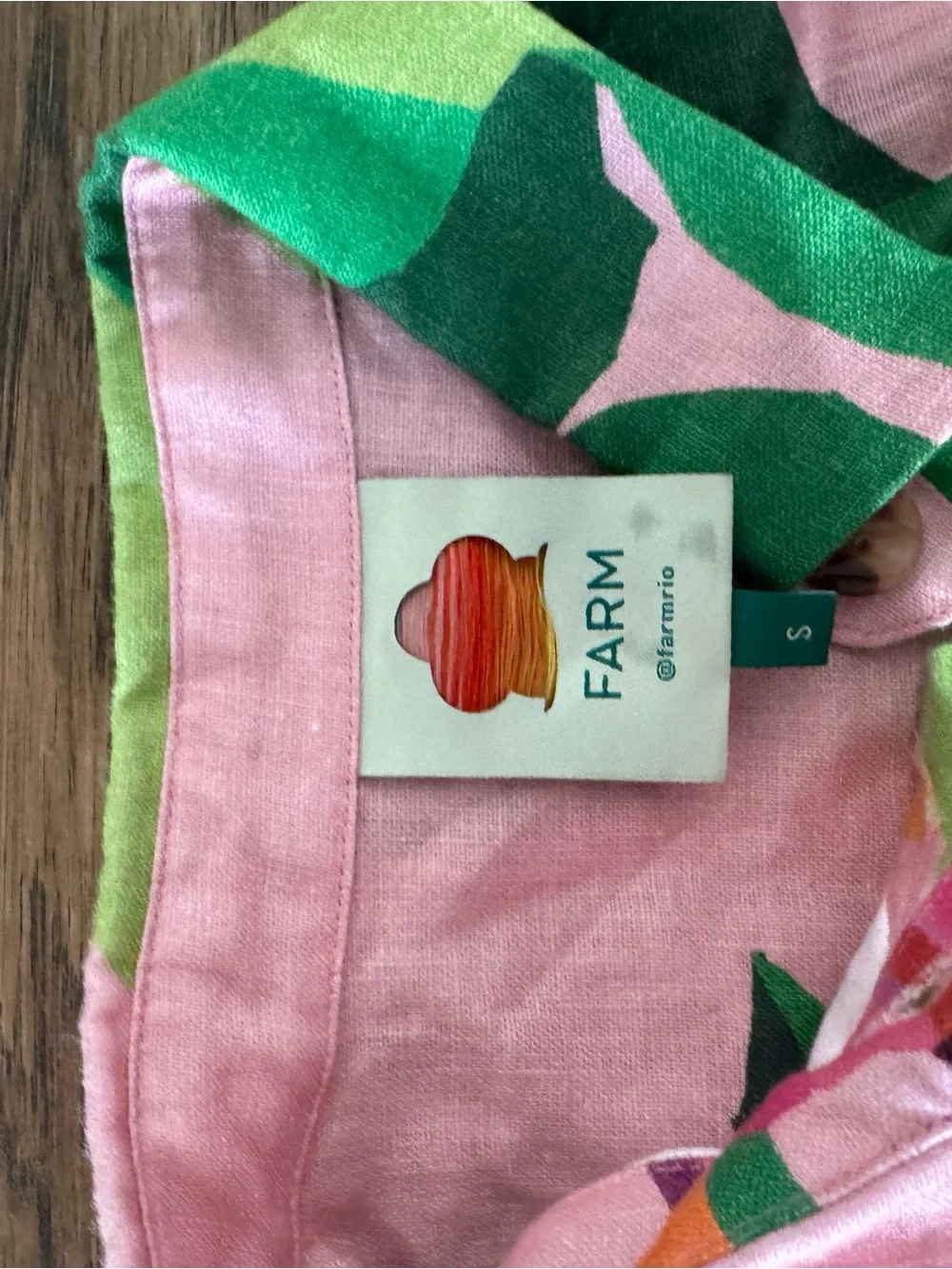 FARM Rio Pink Tropical Print Button-Up romper with Green Leaves - Picture 3 of 3